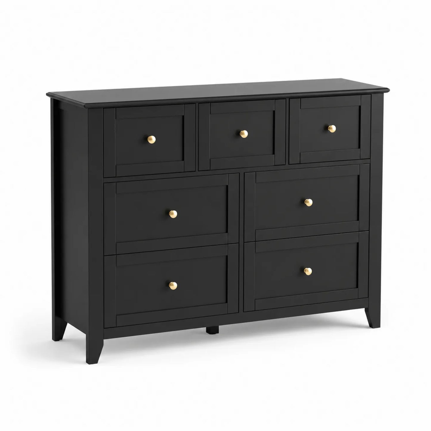 Schwarze Holzwerkstoff-Kommode mit Metallgriffen, 7 Schubladen, 120cm