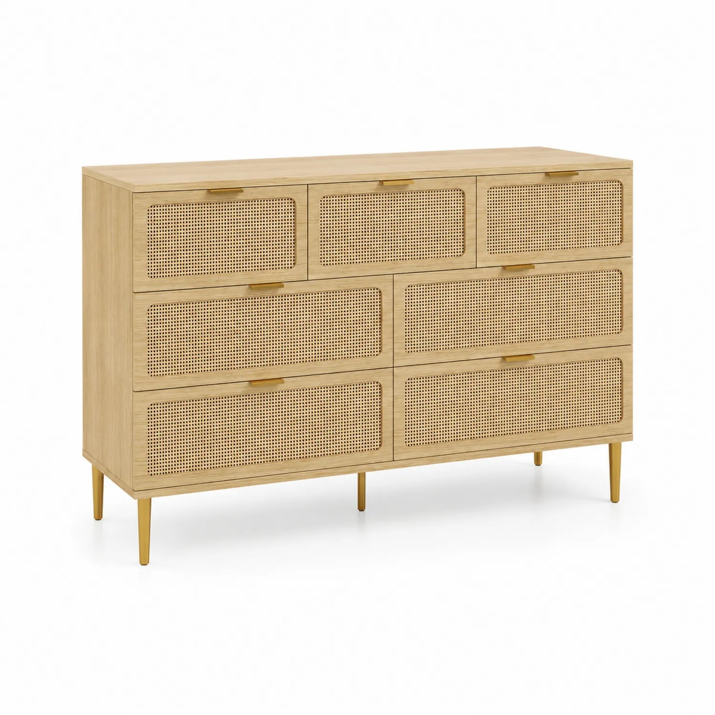 Kommode mit 6 Schubladen aus Holz und Rattan, Natur