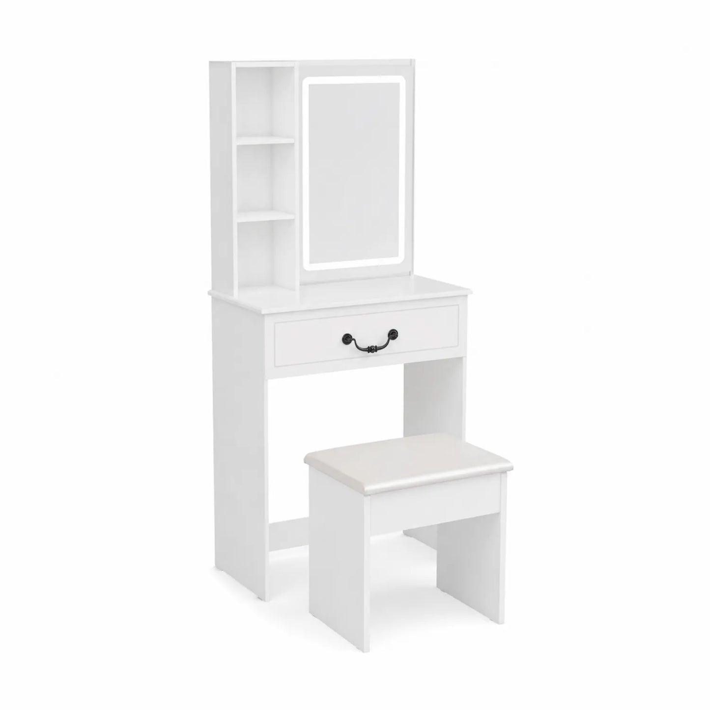 Schminktisch mit Hocker und LED-Spiegel aus MDF, Weiß