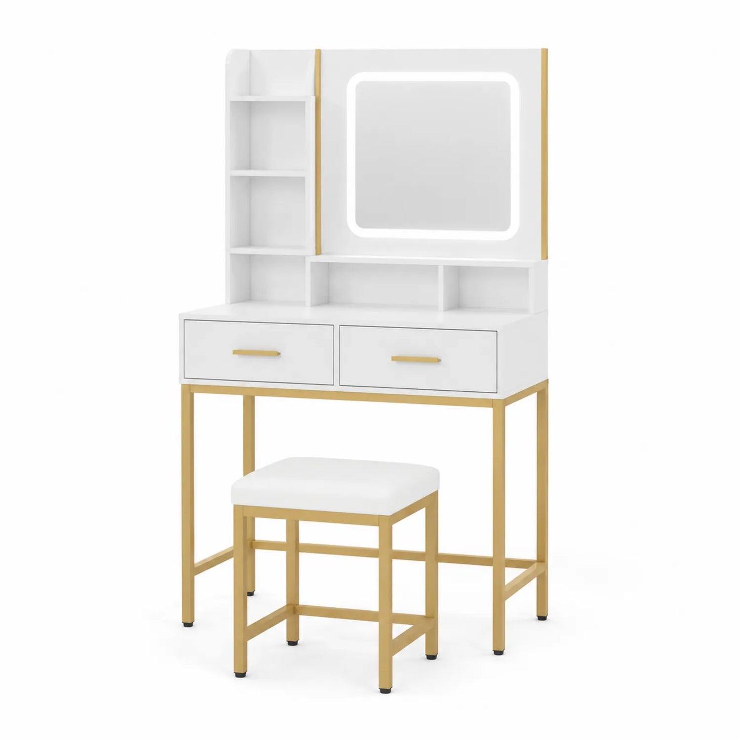 Schminktisch-Set mit Spiegel und Hocker in Weiß/Gold