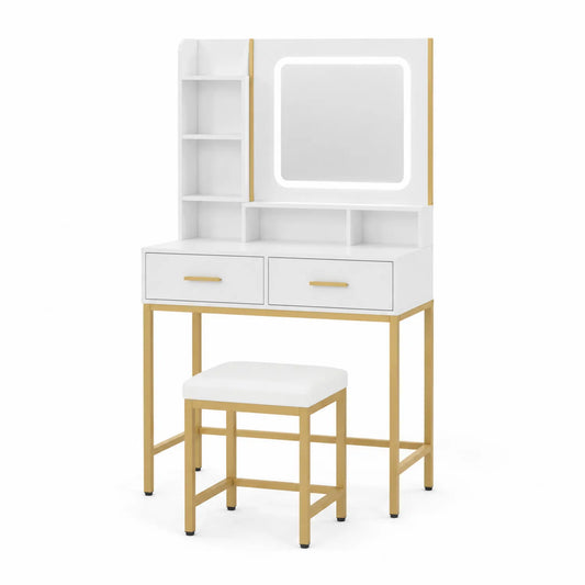 Schminktisch-Set mit Spiegel und Hocker in Weiß/Gold