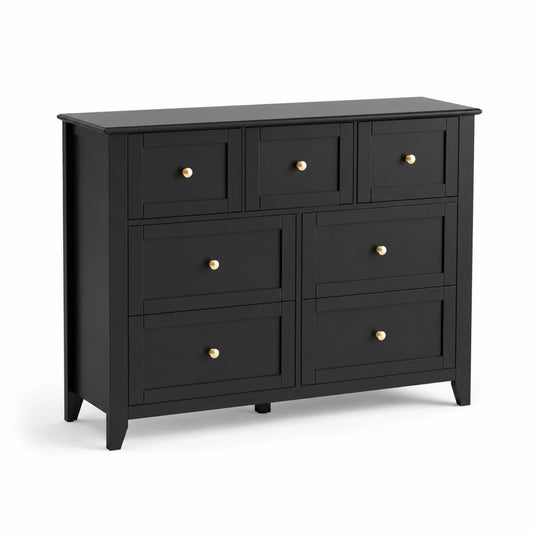 Schwarze Holzwerkstoff-Kommode mit Metallgriffen, 7 Schubladen, 120cm