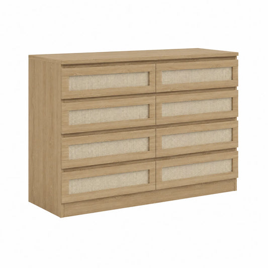 Kommode mit 8 Schubladen aus Holz und Rattangeflecht, 120cm x 40cm x 90cm