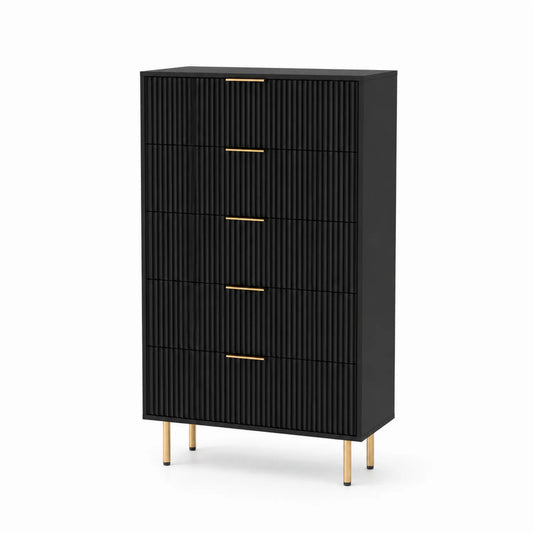 Schwarze Holzkommode mit 5 Schubladen und Metallgriffen