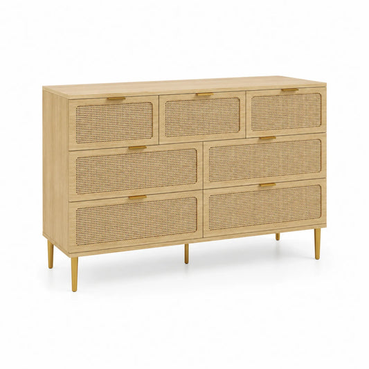 Kommode mit 6 Schubladen aus Holz und Rattan, Natur