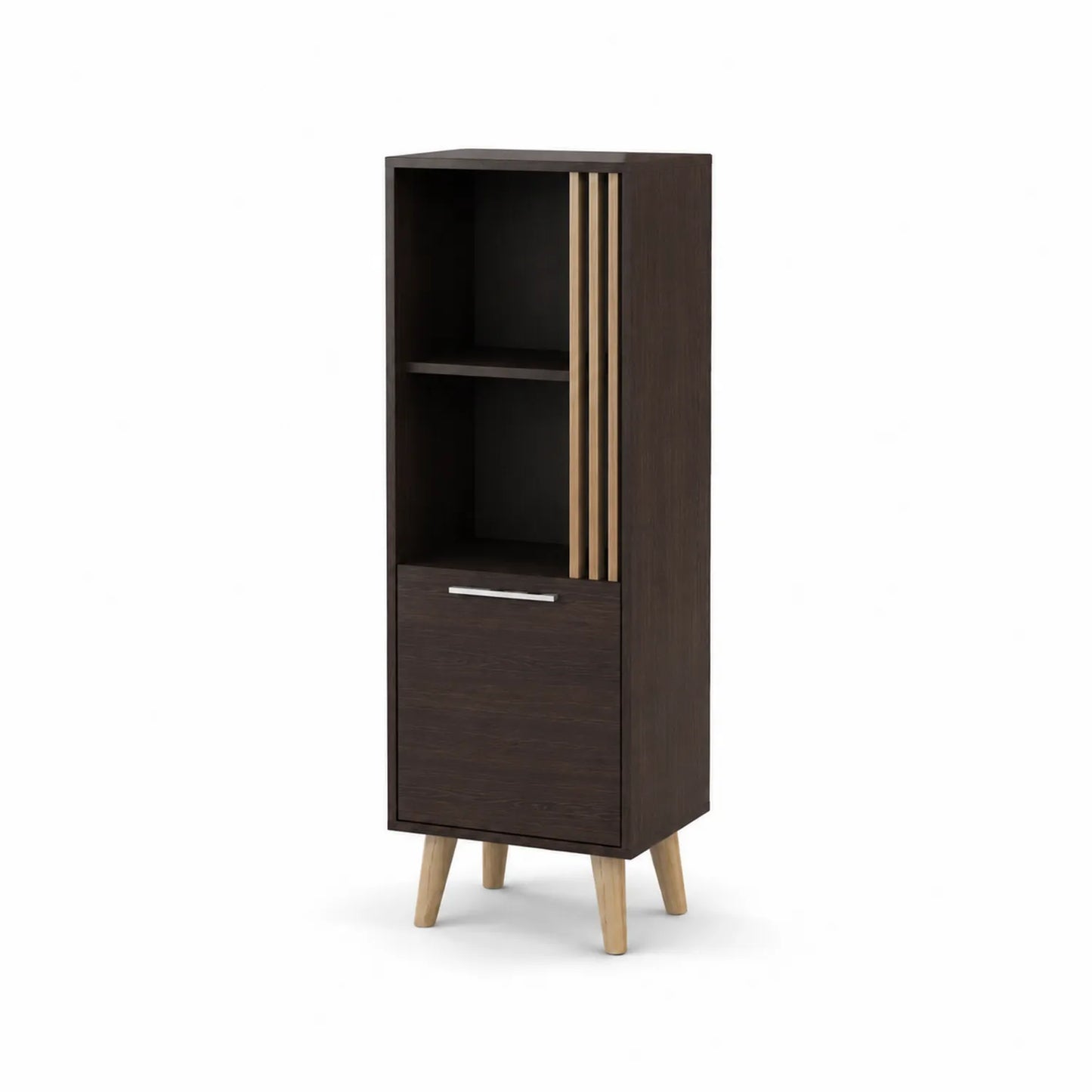 Regal aus MDF Dunkelbraun mit Tür und Fächern 145x45x35cm