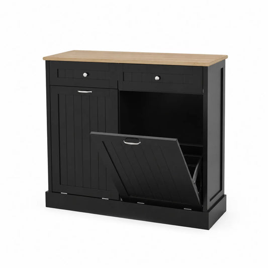 Schwarzes Sideboard aus MDF mit Klappfach und Schreibtischplatte aus Eichenholz 100x85x30 cm