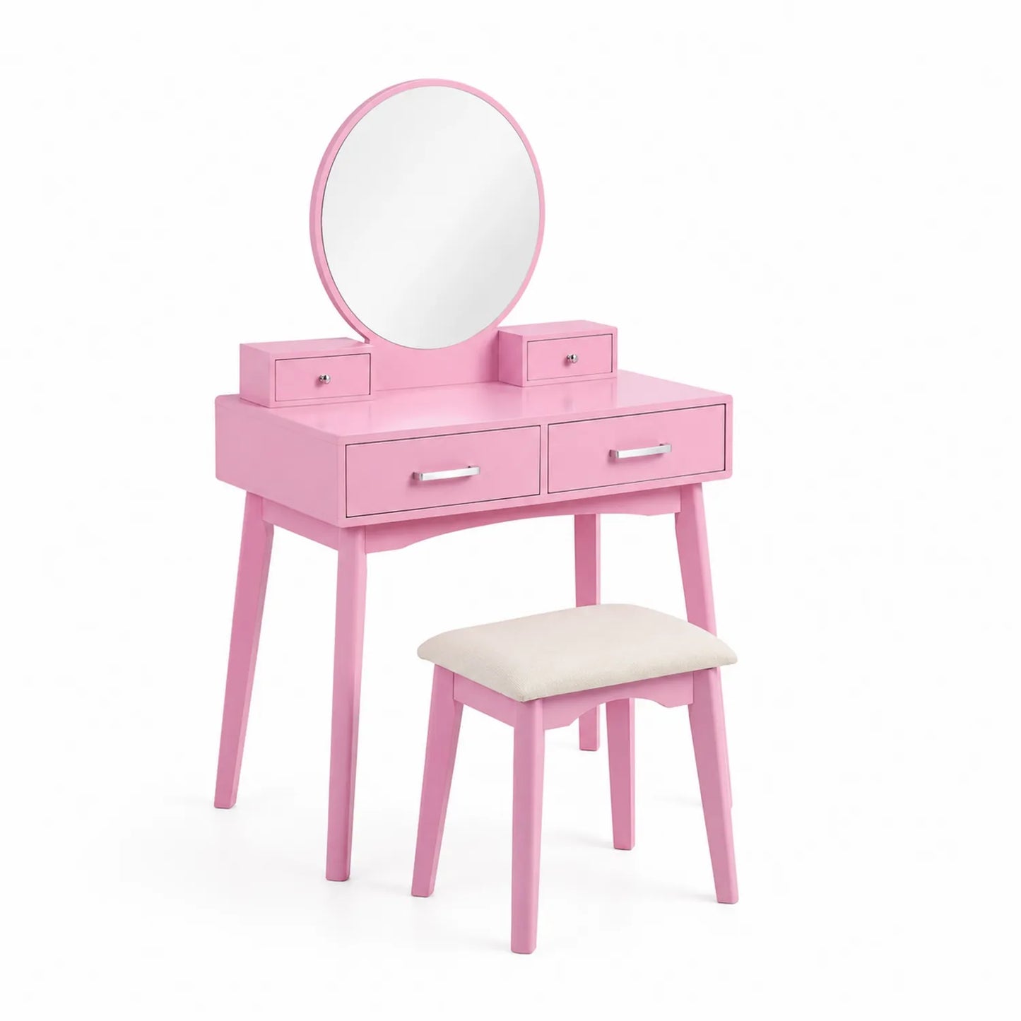 Rosa Holz Schminktisch mit Hocker und rundem Spiegel