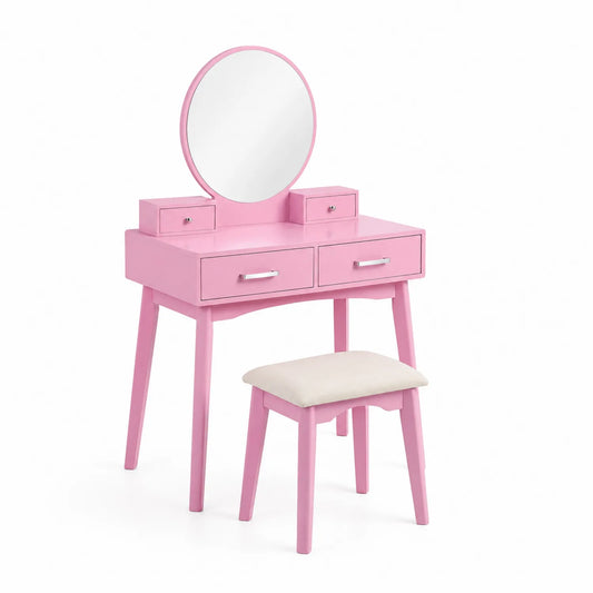 Rosa Holz Schminktisch mit Hocker und rundem Spiegel