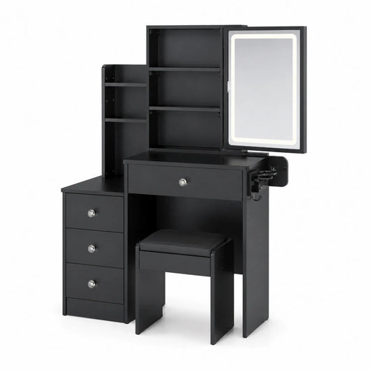 Schminktisch aus MDF mit LED-Spiegel und Hocker in Schwarz